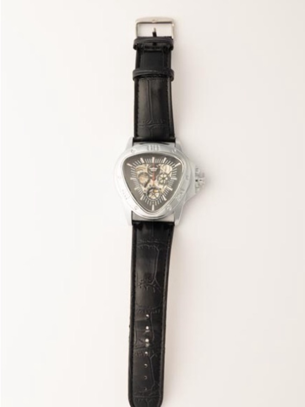 Triangular Silver Case Skeleton Dial Watch with Black Leather Strap